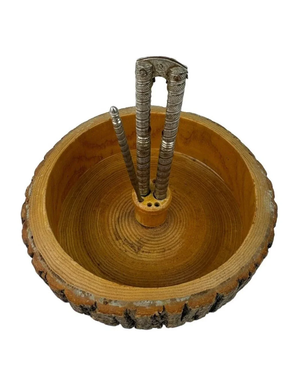 *Vintage Bark Nut Bowl Round Wooden Picks Nut Crackers Rustic Retro